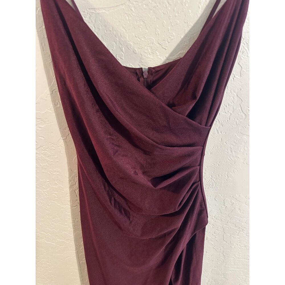 Y La Scala 90’s Burgundy Moody V Neck Spaghetti Strap Ruched Long Evening Gown - Picture 5 of 16